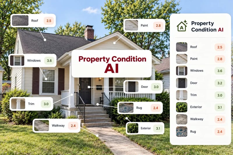 Property Condition AI thumbnail: a house front with scores for the roof, paint, windows, door, trim, exterior, walkway, and rug