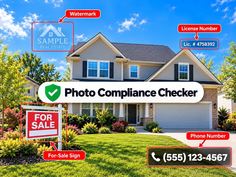 House front labeled for a watermark, a license number, a for-sale sign, and a phone number