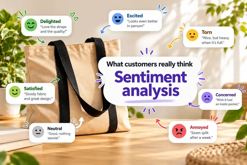 A tote bag with feeling cards and a center label, What customers really think, Sentiment analysis