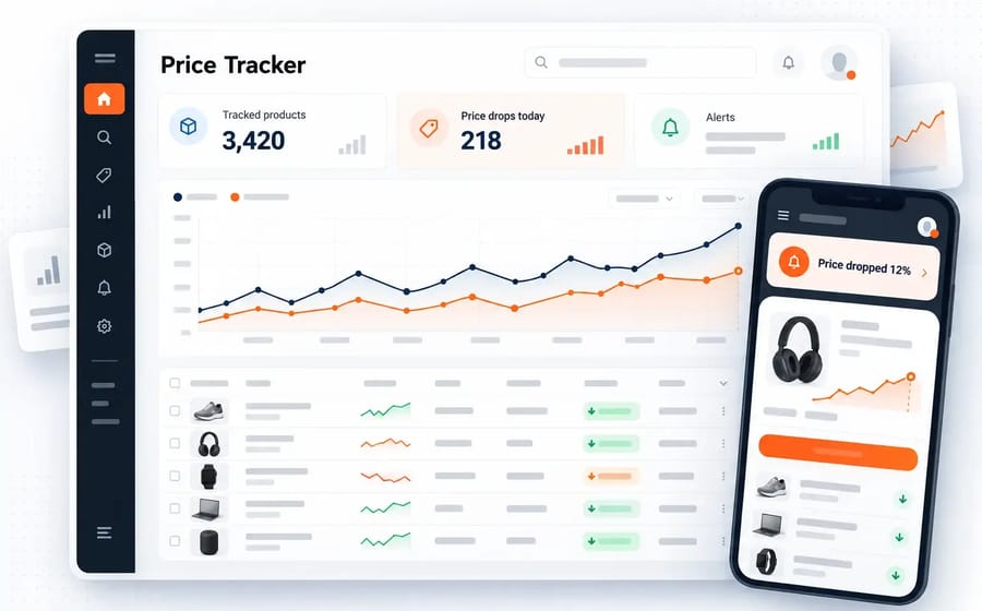 Price tracker SaaS dashboard on web and mobile