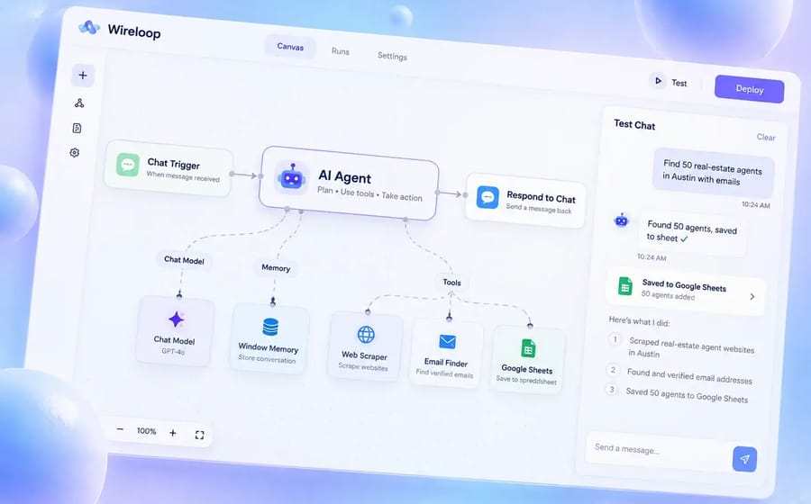 AI agent workflow with a scraper, email finder and spreadsheet tools