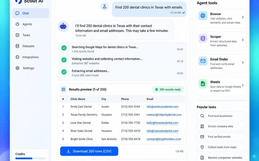 AI chat agent finding clinics and preparing a CSV of results