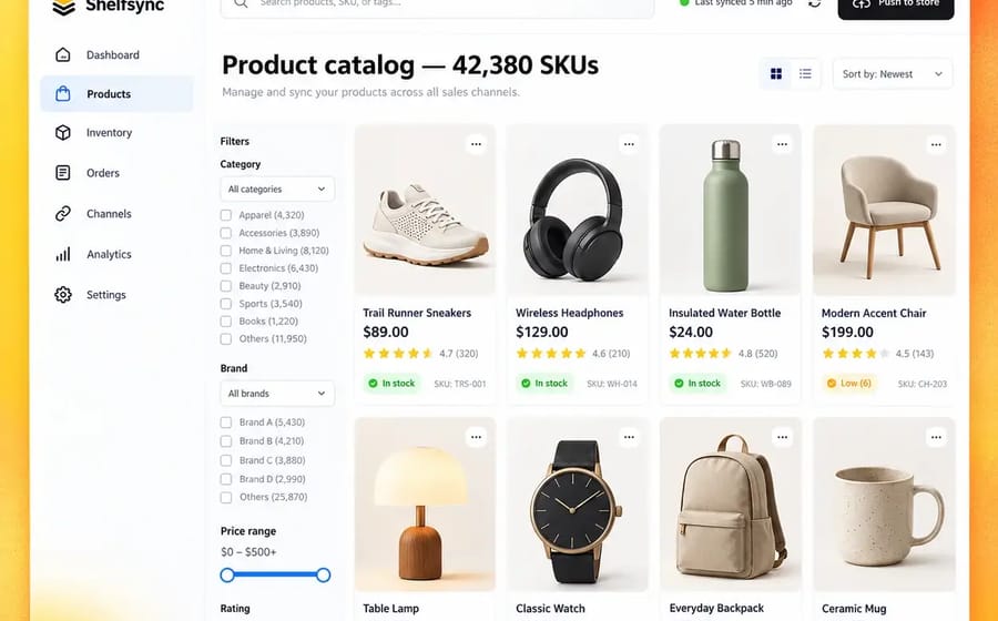 Product catalog with stock status and a push-to-store sync