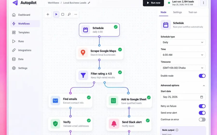Workflow scraping Google Maps businesses and sending leads to Sheets and Slack