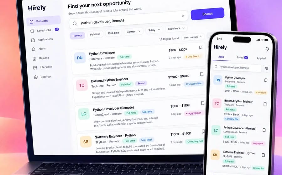 Job search app listing remote roles gathered from job boards